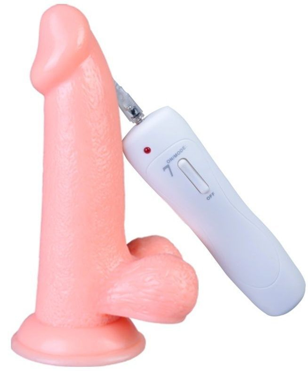 Howells Vibrating Dong with Balls, 14 см – реалистичный вибратор с мошонкой и выносным пультом, телесный, 7 режимов