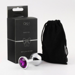 Серебристая металлическая анальная пробка с фиолетовым кристаллом - 8 см. (Цвет: фиолетовый)