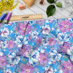 Ткань футер 2-х нитка клод моне «цветы на голубом фоне»