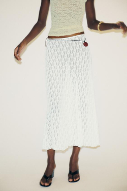 ZARA ДЛИННАЯ РАСКЛЕШЕННАЯ КРУЖЕВНАЯ ЮБКА, БЕЛЫЙ