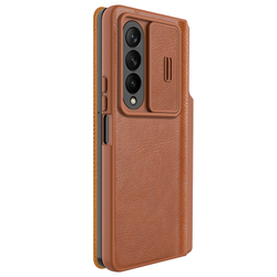 Кожаный чехол коричневого цвета от Nillkin для Samsung Galaxy Z Fold 4 5G, с держателем для S Pen, серия Qin Pro Leather с защитной шторкой для камеры