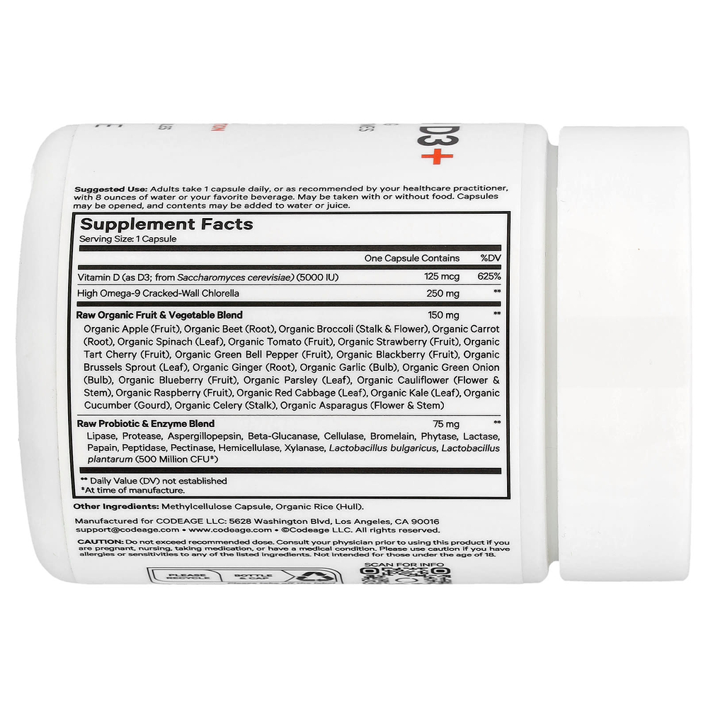 Codeage, Необработанный витамин D3 +, 60 растительных капсул