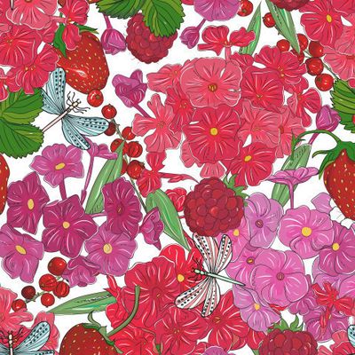 красные цветы и стрекозы