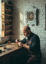 Мастер за верстаком собирает детали рядом с висящими на стене часами WOODandROOT «Автоматон Вологда», подчёркивая атмосферу ручной работы.