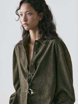 Massimo Dutti Замшевая рубашка с декоративными швами, зеленый