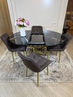 Круглый раздвижной стол "Черный мрамор", и стулья "Бостон" коричневый