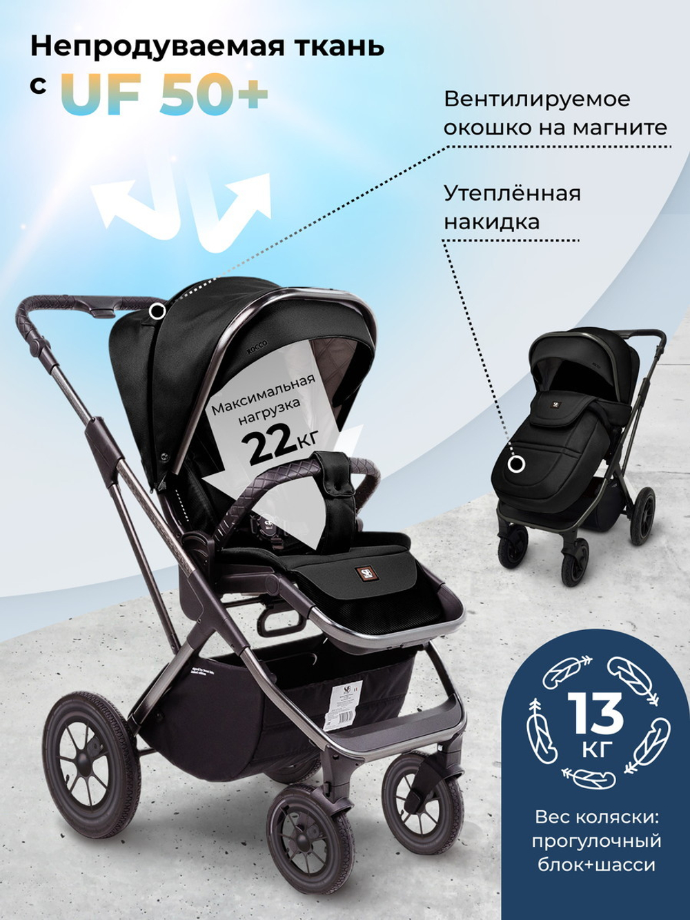 Коляска 4 в 1 Sweet Baby Rocco Air + автокресло Elegante Plus с базой i-Size ISOFIX DK780 Black (Air)