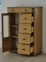 Комод 91х42х125, Susanna, с 5 ящиками для одежды, стеклянная дверца, винтажный, классический, в гостиную, спальню, прихожую, массив сосны, Dipriz