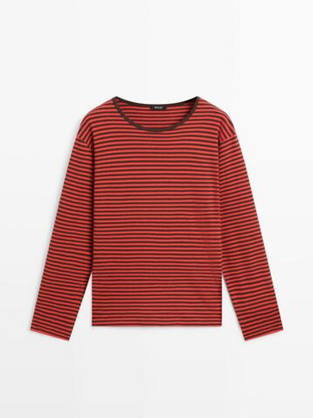 Massimo Dutti Футболка из хлопка в полоску с длинными рукавами, красный