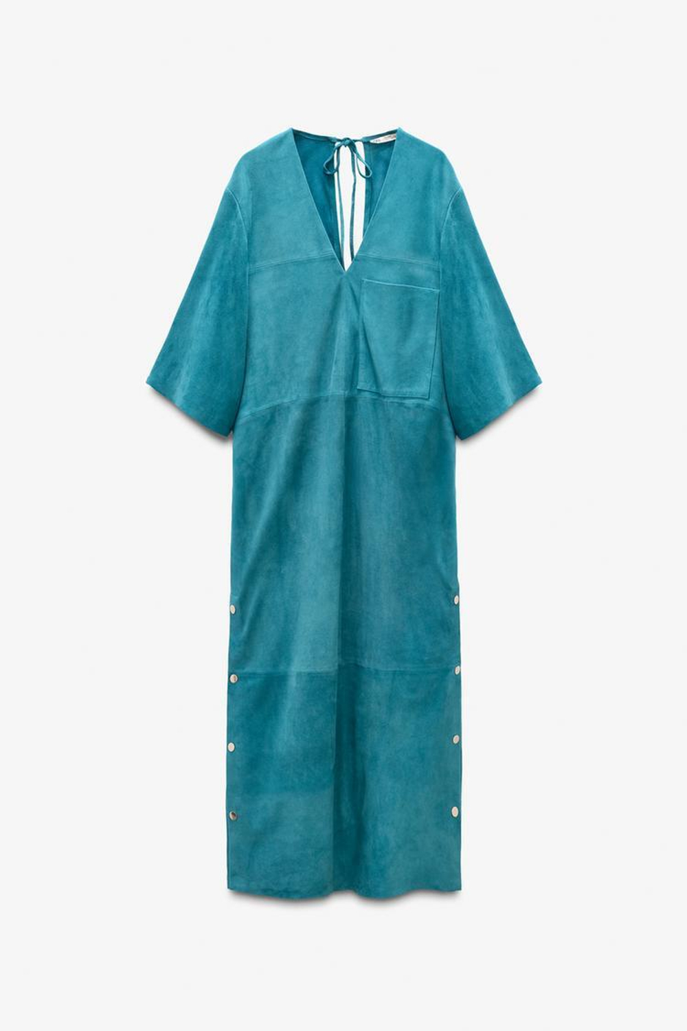 ZARA ДЛИННОЕ ПЛАТЬЕ-КАФТАН ИЗ ЗАМШИ, СИНИЙ