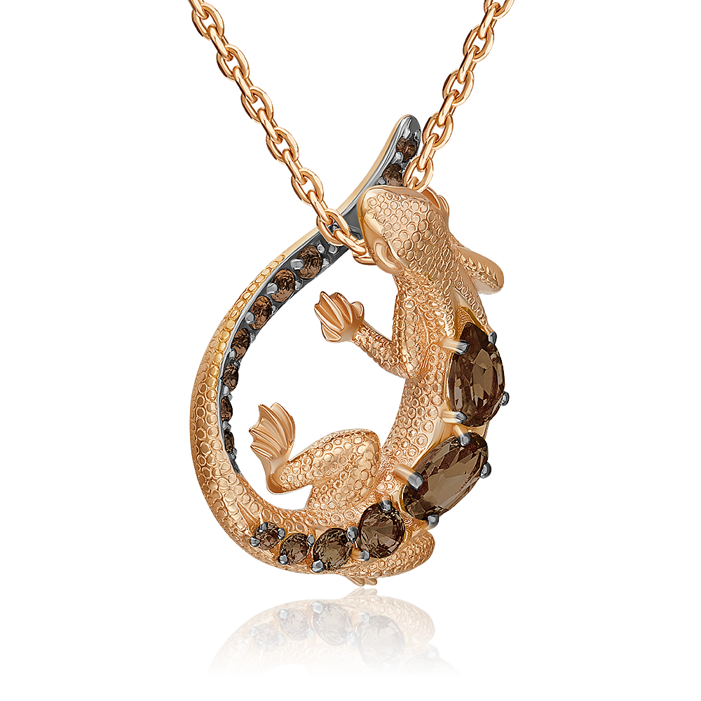 Подвеска «Ящерица» из красного золота с кварцем дымчатым