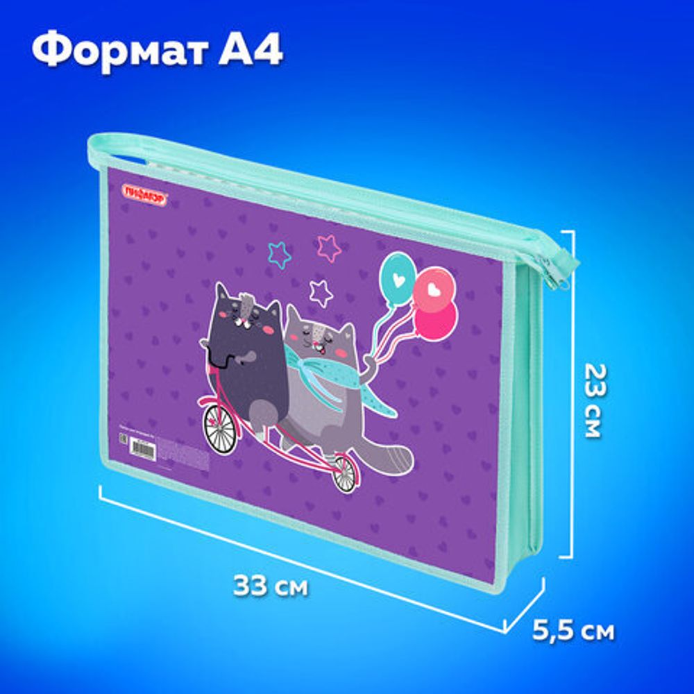 Папка для тетрадей ПИФАГОР А4, 1 отделение, картон/пластик, на молнии, "Bike cats", 272125
