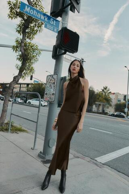 ZARA АТЛАСНАЯ ЮБКА МИДИ, КОРИЧНЕВЫЙ