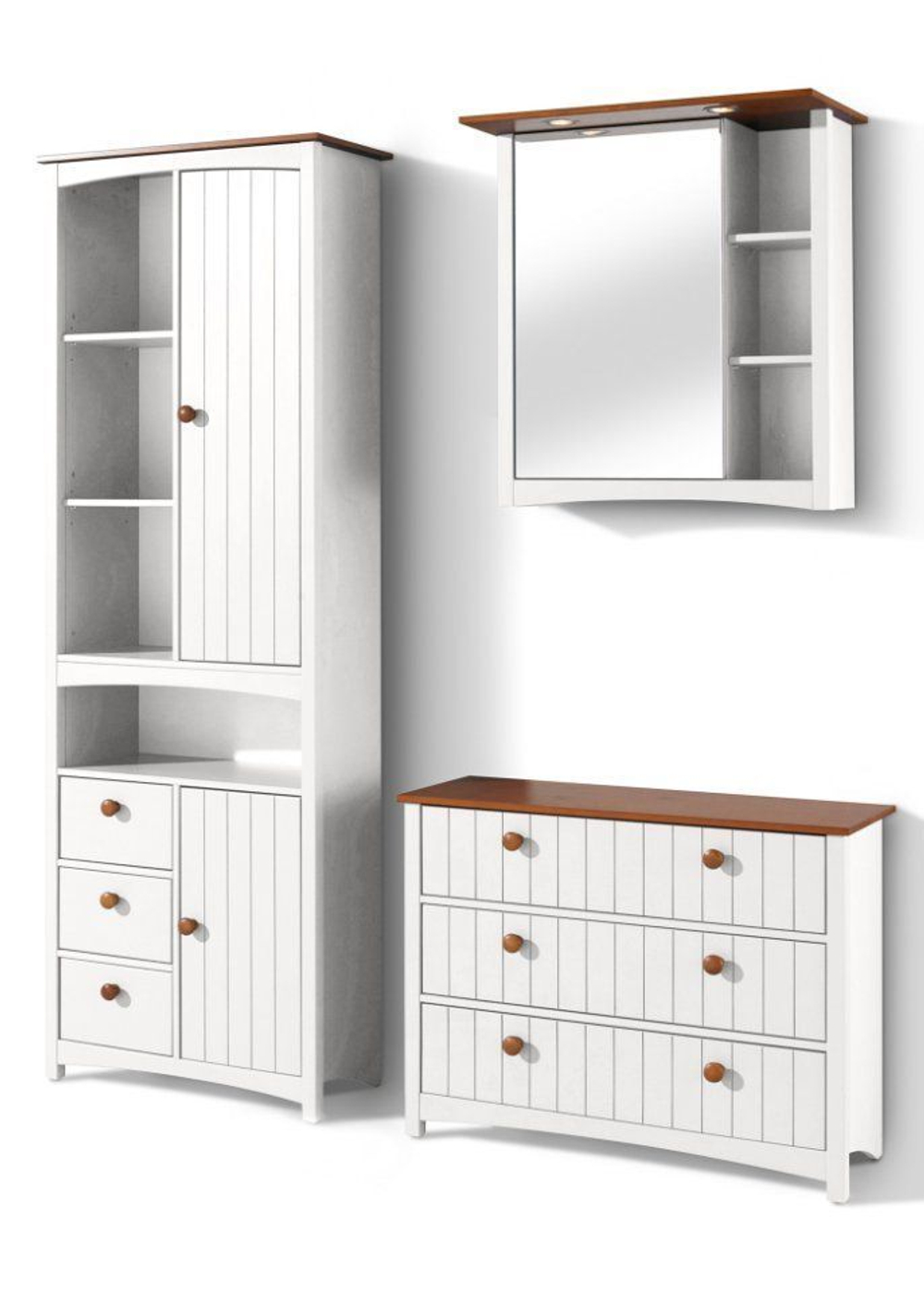 Шкаф навесной с зеркалом Паула для ванной из массива сосны, белый/черри