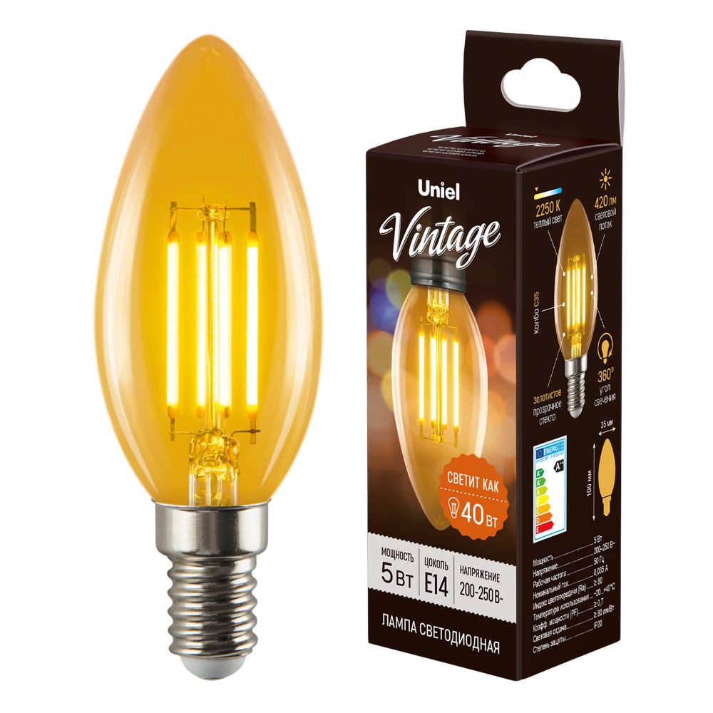 LED-C35-5W-GOLDEN-E14 GLV21GO Лампа светодиодная Vintage. Форма свеча. золотистая колба. Картон. ТМ Uniel