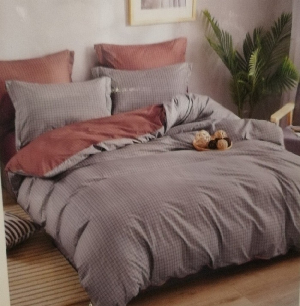 2-спальное постельное белье из поплина Серо-коричневая клетка (простыня на резинке)