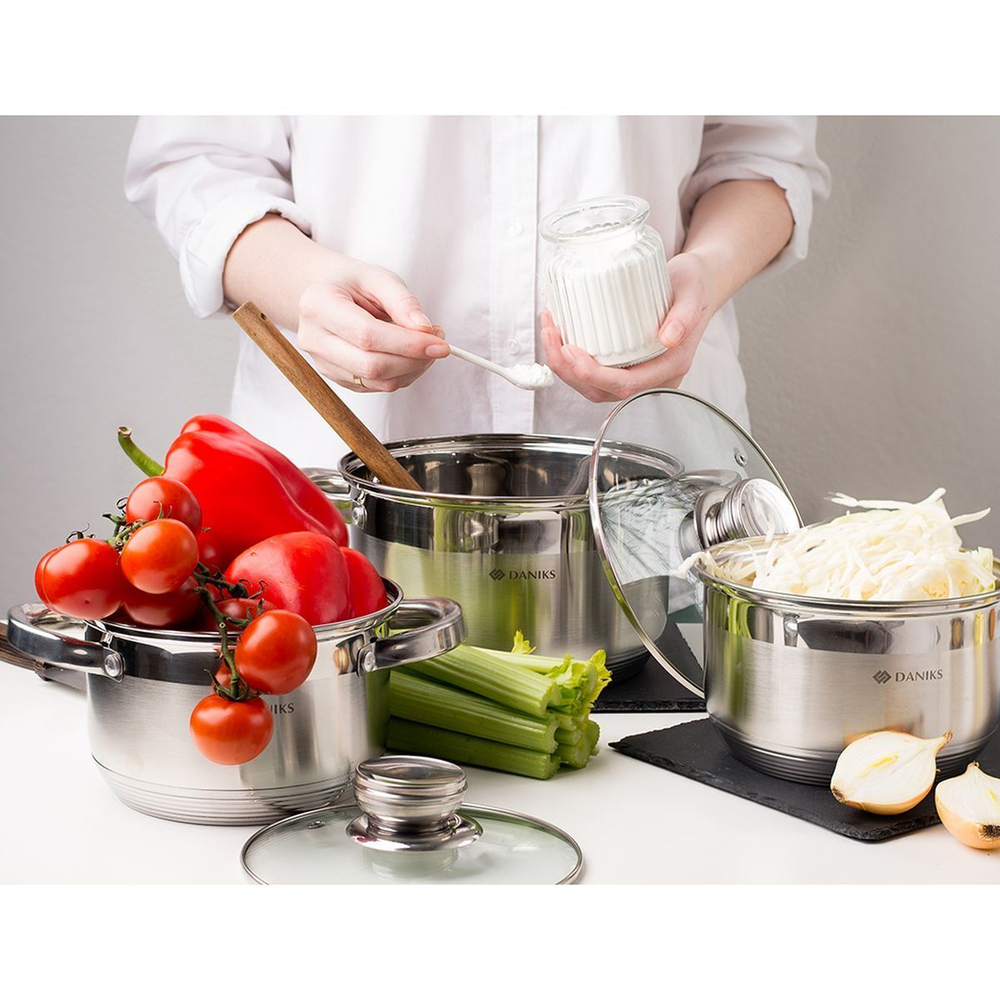 Набор посуды нерж, 6 пр, кастрюли 1.9,2.9,4.75 л, индукц, Daniks, Стандарт PR, SD-6-2