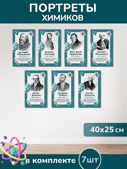 Набор ученых химиков из ПВХ пластика 7 шт. Портреты (250*400 мм.)