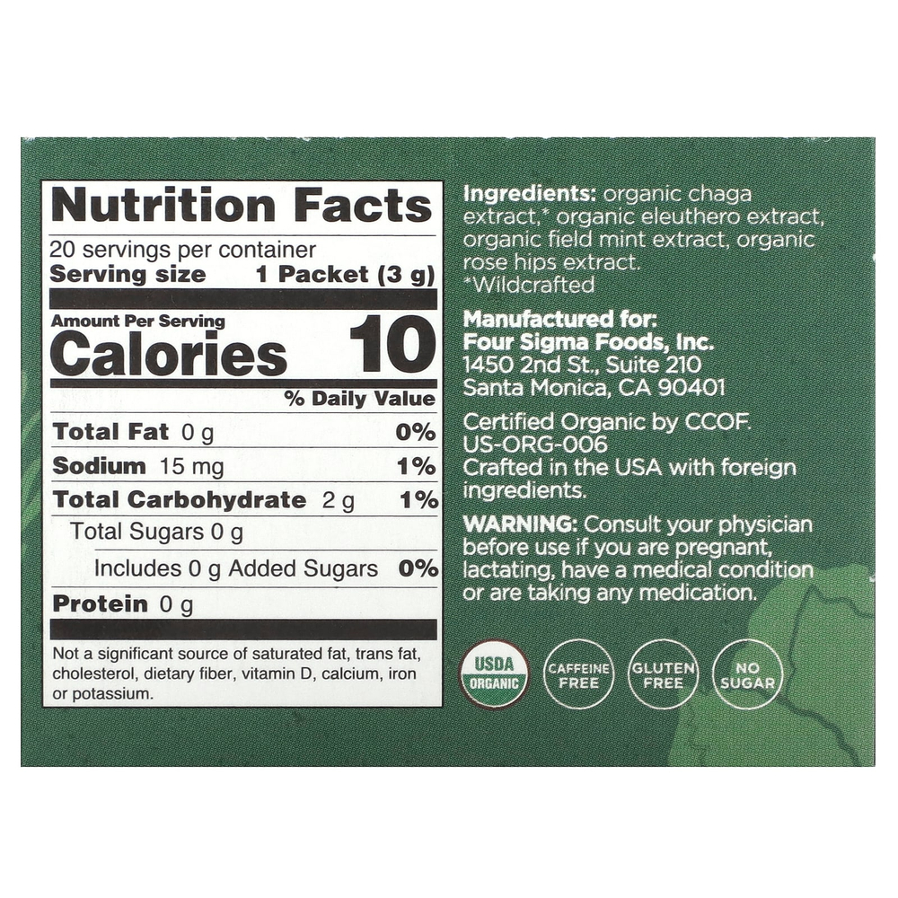 Four Sigmatic, Protect, органическая смесь эликсира с грибами чага и элеутерококком, без кофеина, 20 пакетиков по 3 г (0,1 унции)