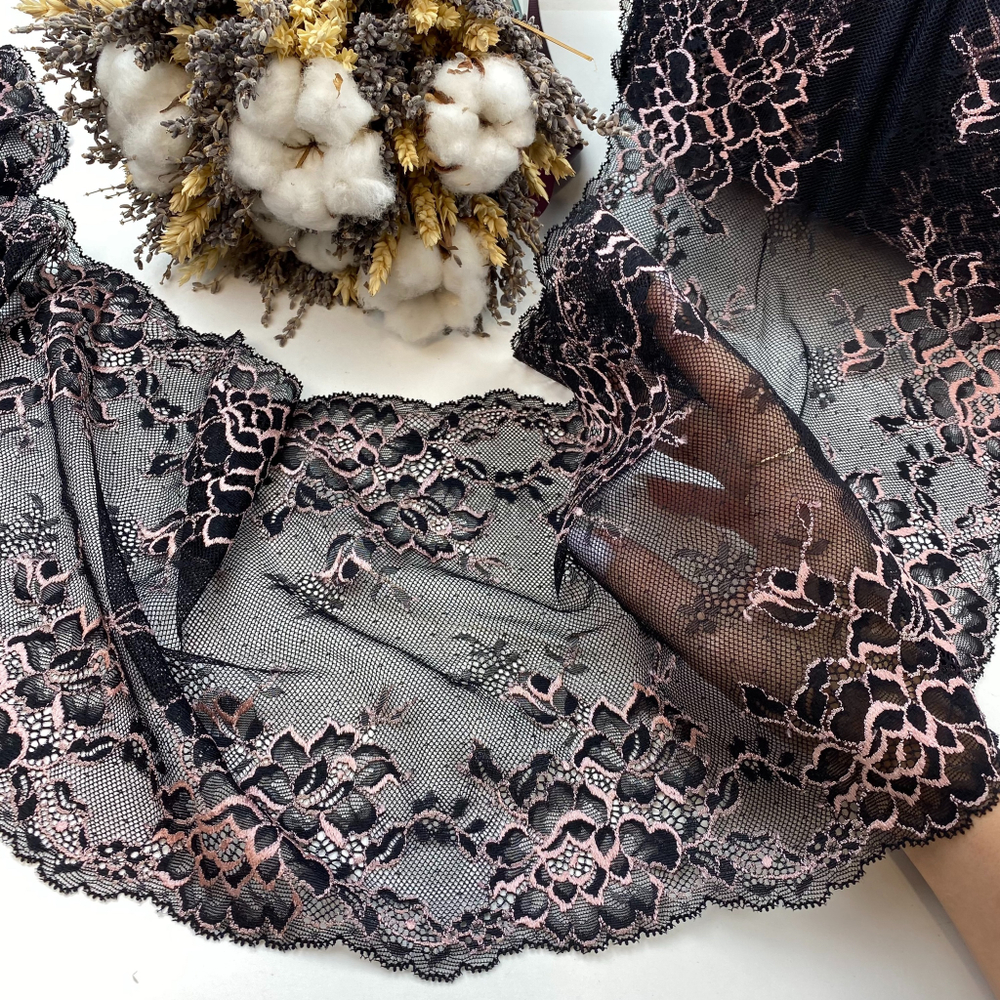 Кружево эластичное черно-розовое 22 см