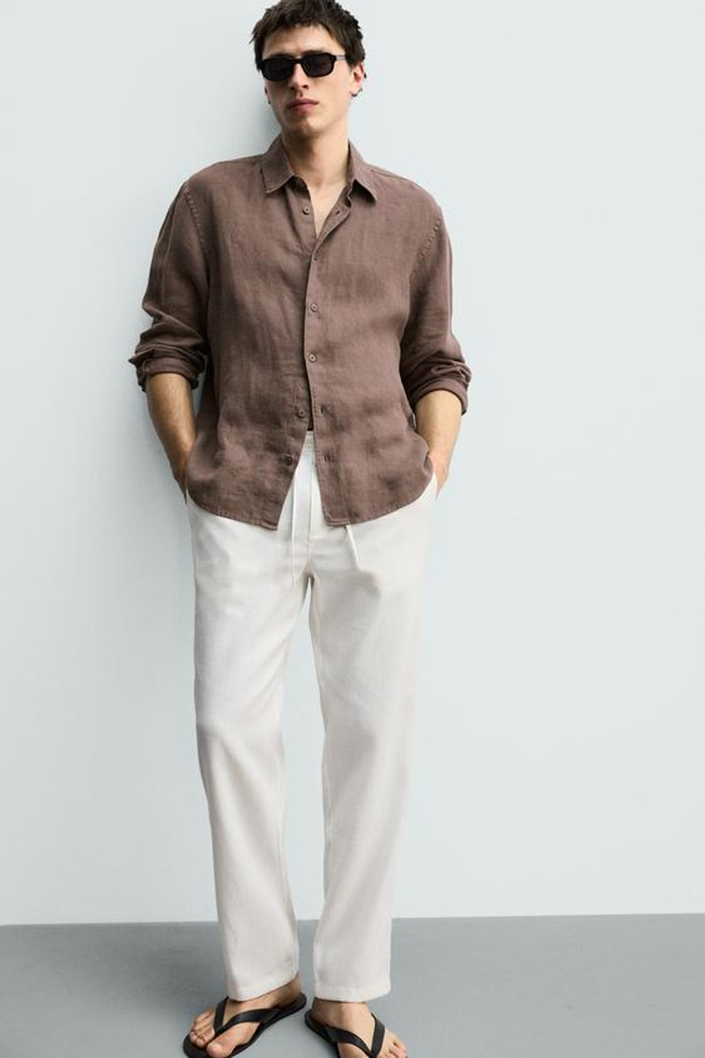 ZARA БРЮКИ RELAXED FIT ИЗ ХЛОПКА И ЛЬНА, ЭКРЮ