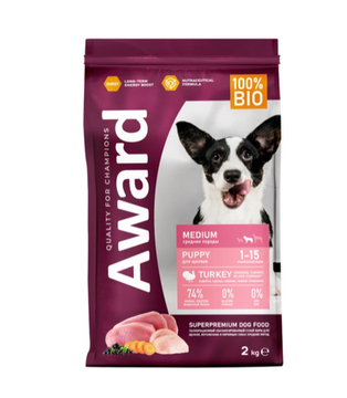 Сухой корм AWARD ДЛЯ ЩЕНКОВ ОТ 1 МЕСЯЦА, БЕРЕМЕННЫХ И КОРМЯЩИХ СУК СРЕДНИХ ПОРОД с индейкой и курицей с добавлением моркови и черной смородины