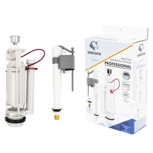 Арматура к смыв. бачку 2-ух Кноп. UNICORN хром, универс. (бок/ниж.подв, лат.штуцер 1/2") KAU_K/L_1/2