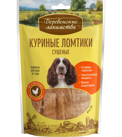 Деревенские лакомства Для собак Куриные ломтики сушеные 90гр.