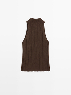 Massimo Dutti Топ из смесовой хлопка с горловиной халтер, шоколадный