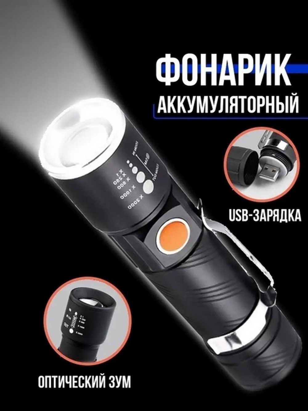 Фонарь ручной, яркий USB зарядка Огонь H-328-T6