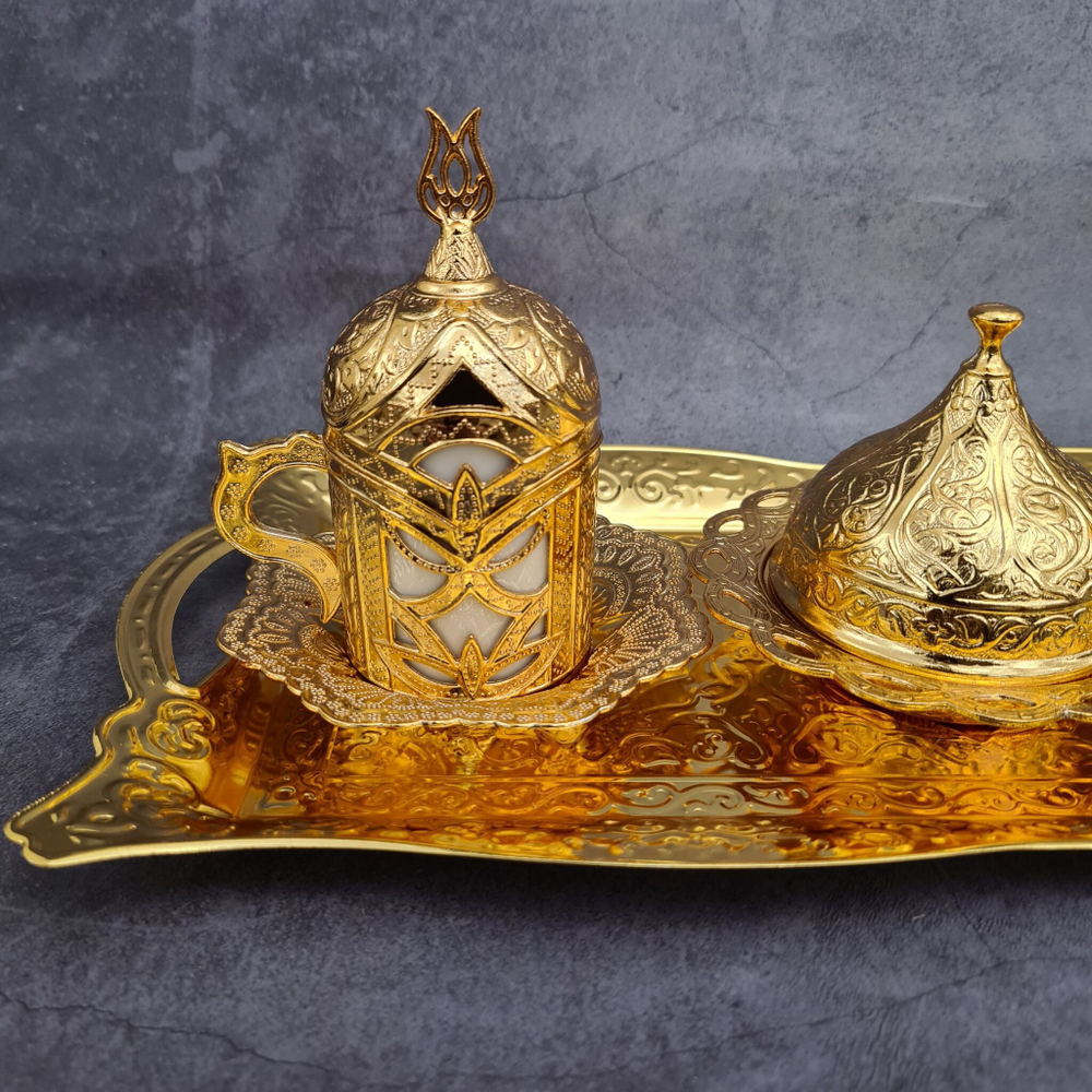 Кофейный набор "Lale" на 2 персоны с лукумницей и подносом/ACAR. Турция (золотистый)