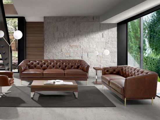 Диван 2-х местный 6139/KF106-2P-M1595 кожаный с золотистыми стальными ножками