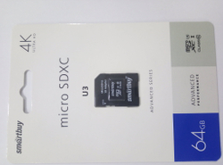 Карта памяти MicroSDXC 64GB Smart Buy Сlass 10  Advanced U3 V30 A1 (55/90 Mb/s)+ SD адаптер