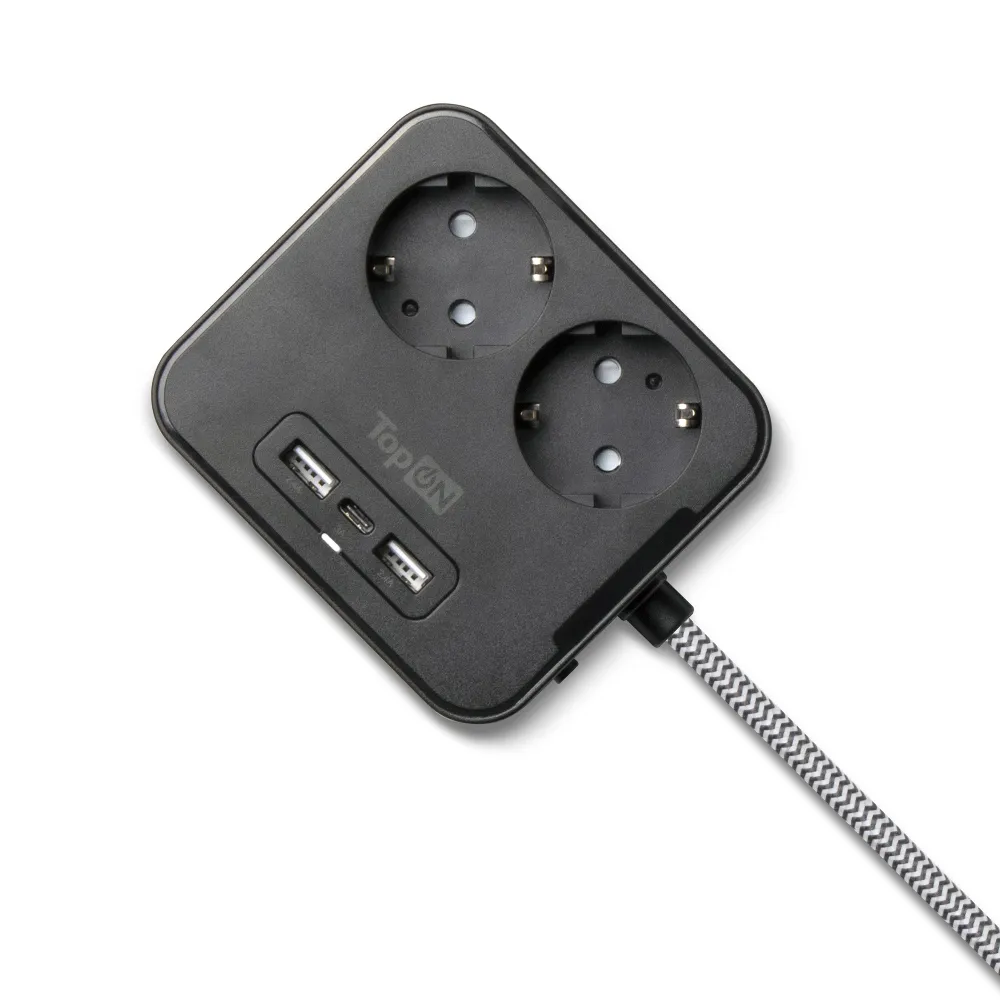 Сетевой фильтр TopON TOP-PWS2 на 2 розетки с 2 USB-A и USB-C, 4000W, 1.5 м Черный.