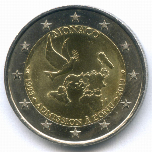 2 евро 2013 год. Монако. 20 лет вступления в ООН. Биметалл UNC
