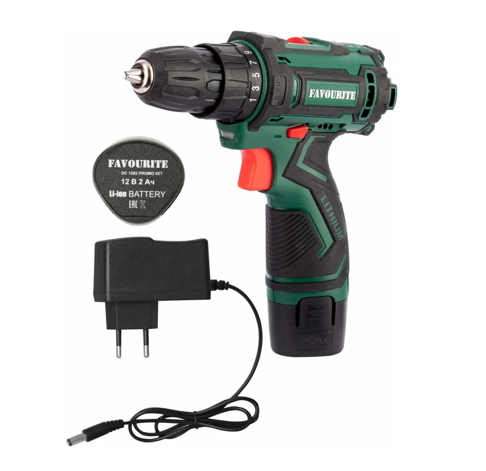 Дрель-шуруповерт аккумуляторная FAVOURITE "DC 1202 PROMO SET", 12В, Li-ion, 2Ач, быстрозажимной патрон