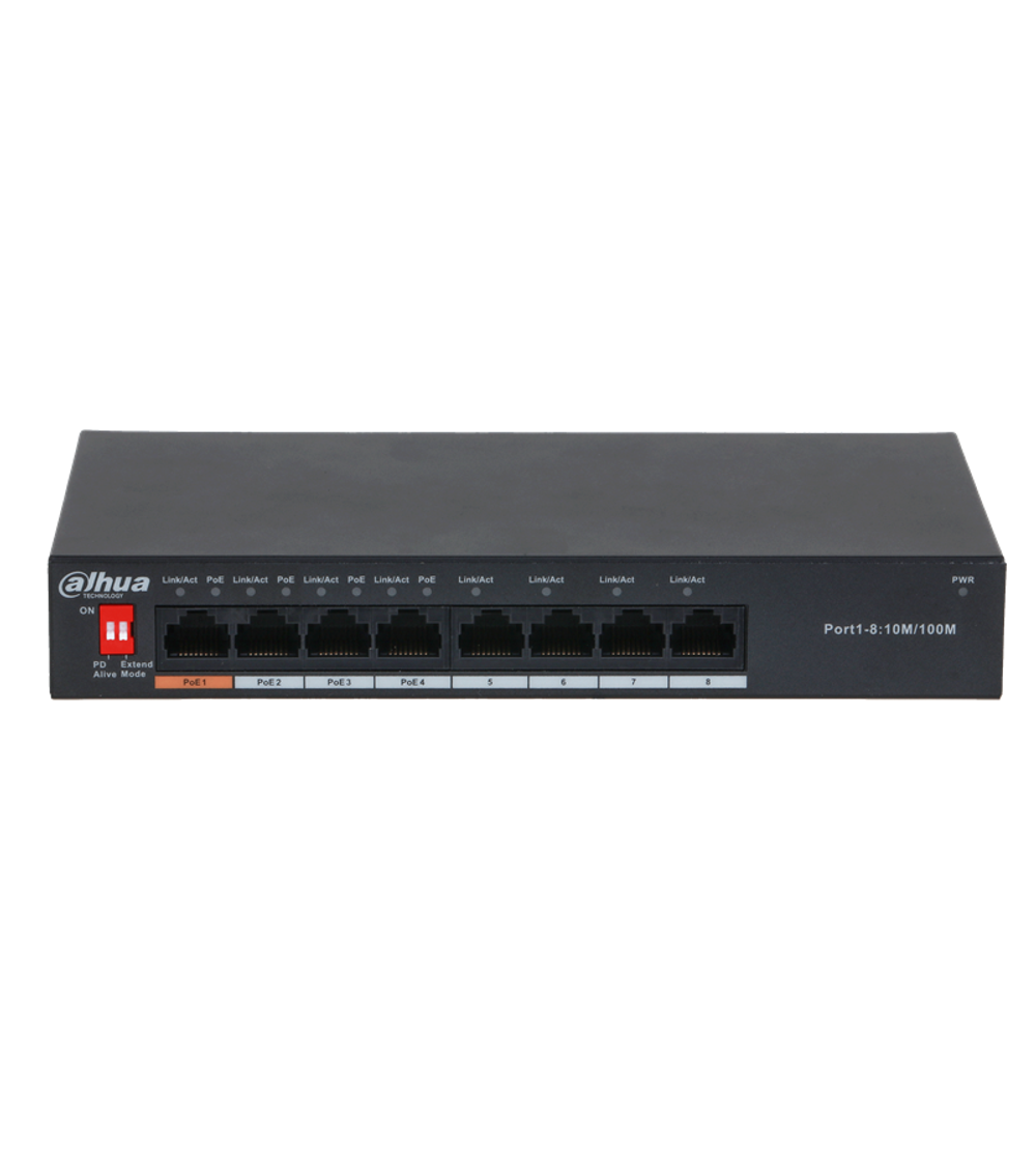 DAHUA 8-портовый неуправляемый коммутатор с РоЕПорты: 4 RJ45 10/100/100Мбит/с (PoE/PoE+/Hi-PoE), 4 RJ45 10/100/100Мбит/с (uplink); мощность PoE: порт 1 до 60Вт, порты 2~4 до 30Вт, суммарно до 60Вт; P