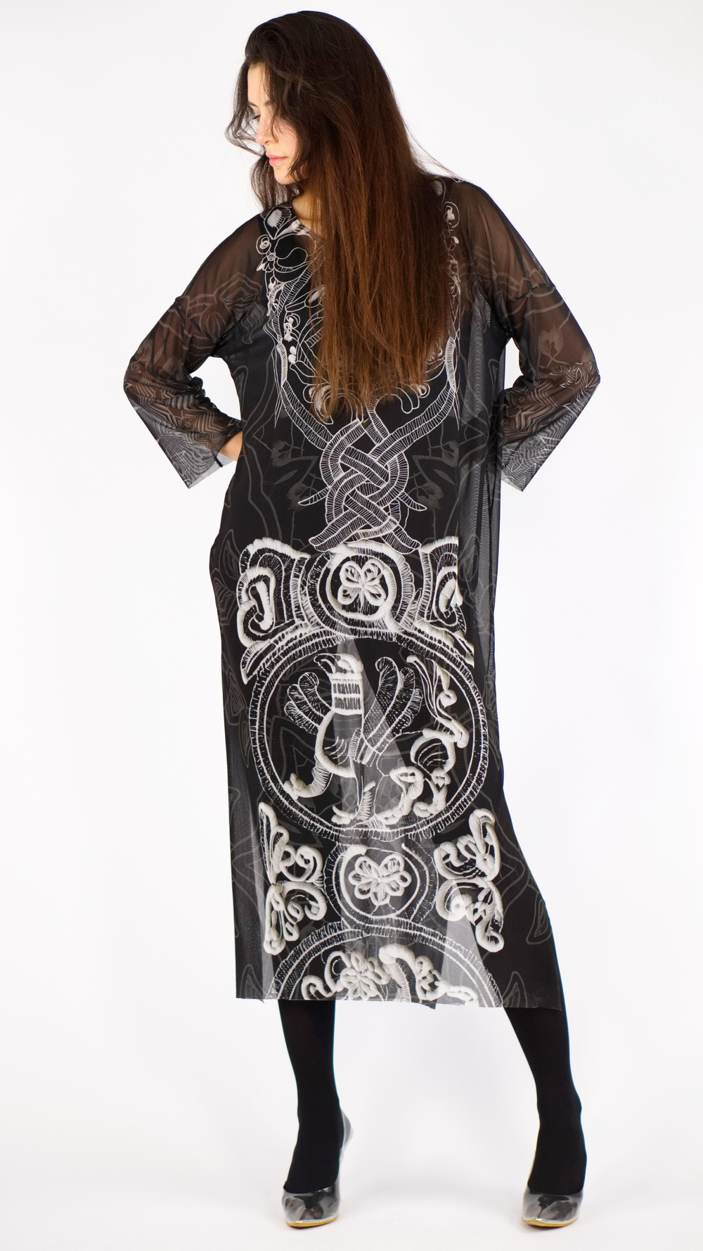 Платье-туника из сетки "Сны белого камня. Птицы", по мотивам коллекции Сны белого камня