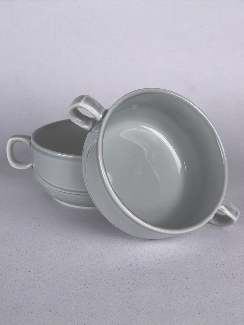 Бульонница супница с ручками фарфоровая тёмно-серый набор 2 шт в стиле акварель