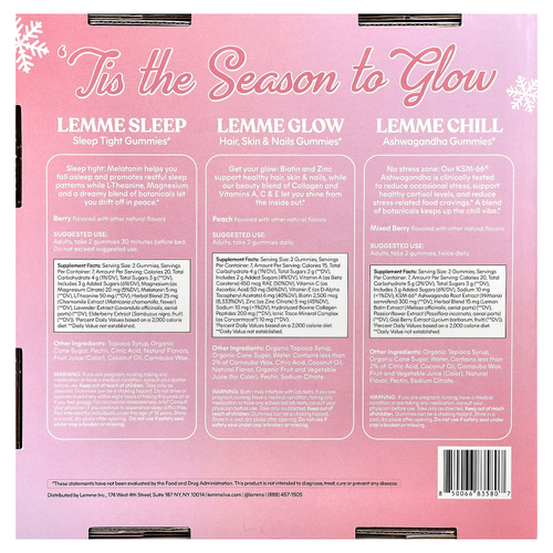 Lemme, Праздничные жевательные таблетки для сияния кожи, для сна, сияния, расслабления, 3 флакона, 14 жевательных таблеток в каждом