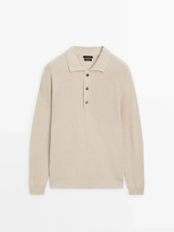 Massimo Dutti Хлопковый свитер с воротником поло, бежевый