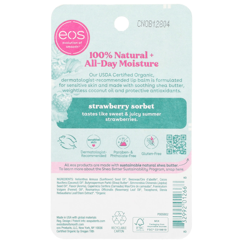 EOS, 100% органический натуральный бальзам для губ с маслом ши, клубничный сорбет, 2 шт. в упаковке, 4 г (0,14 унции)