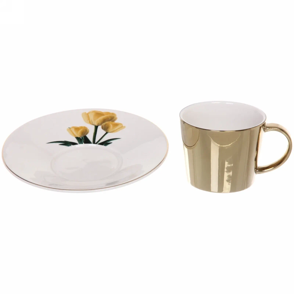 Чайная пара (зеркальная кружка 230мл+блюдце) анаморфный дизайн «Тюльпаны желтые»