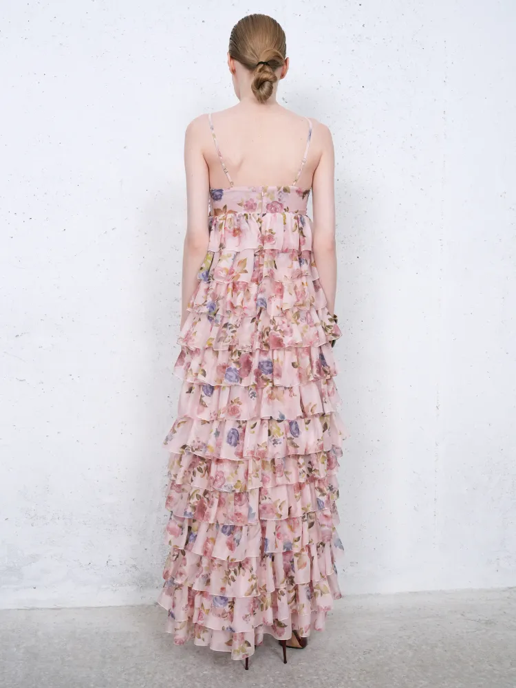 Уиллоу макси (Willow maxi), платье макси из розового шифона с цветочным принтом и розой
