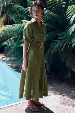 ZARA ПЛАТЬЕ-РУБАШКА МИДИ С РЕМНЕМ, ХАКИ