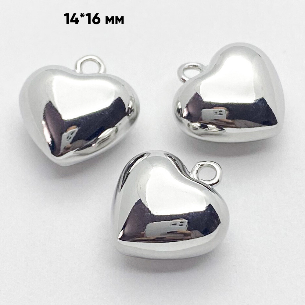 Подвеска Сердце, цвет серебро (родий), размер 14*16 мм, цена за 1 шт