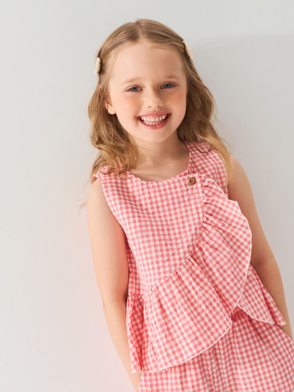 Топ хлопковый с рюшей "Розовая клетка"