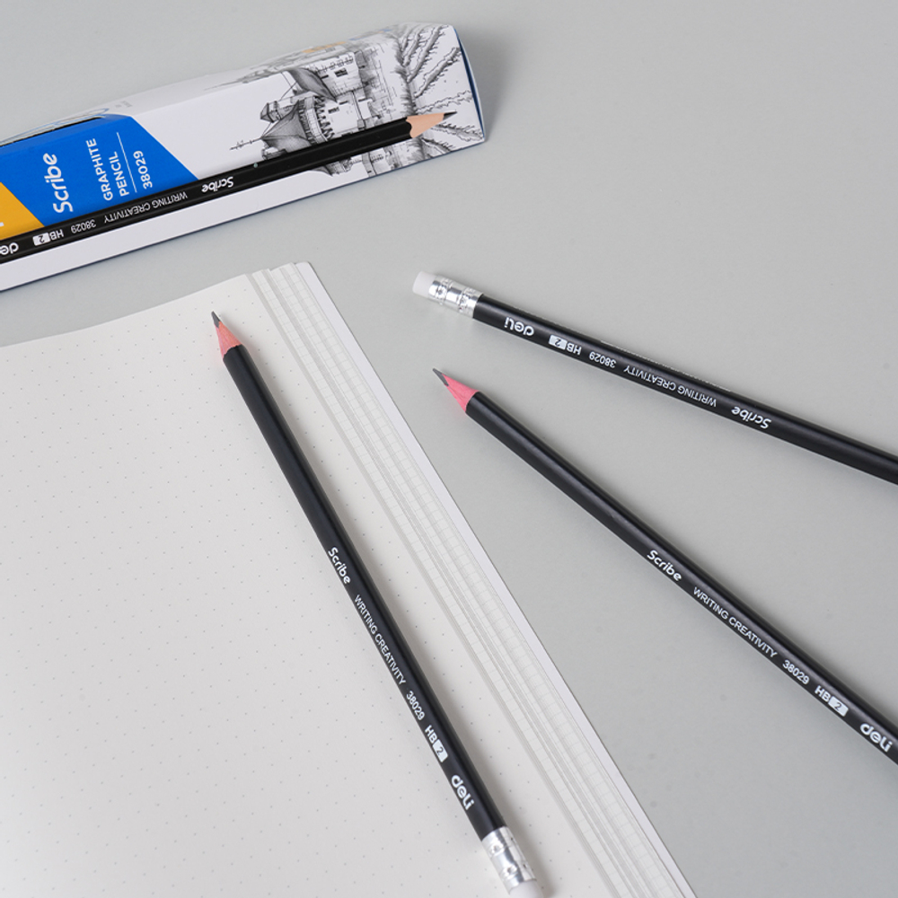 Карандаш DELI "Scribe", НВ, трехгранный корпус, дерево, с ластиком, черный