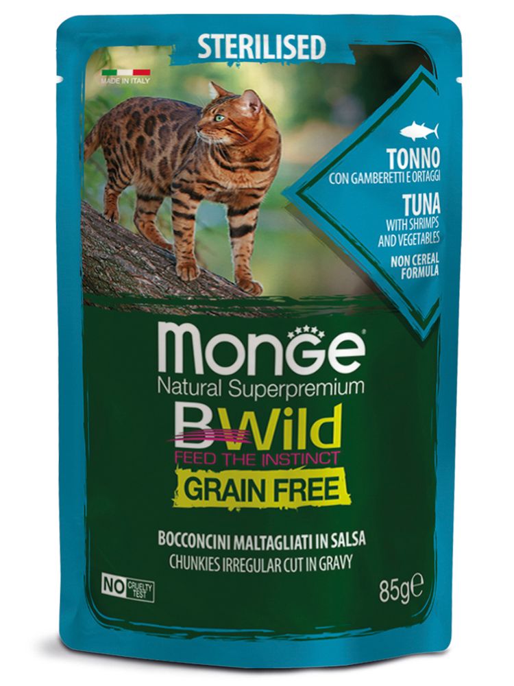 Влажный корм Monge Cat BWild GRAIN FREE для стерилизованных кошек, беззерновой, из тунца с креветками и овощами 85 г