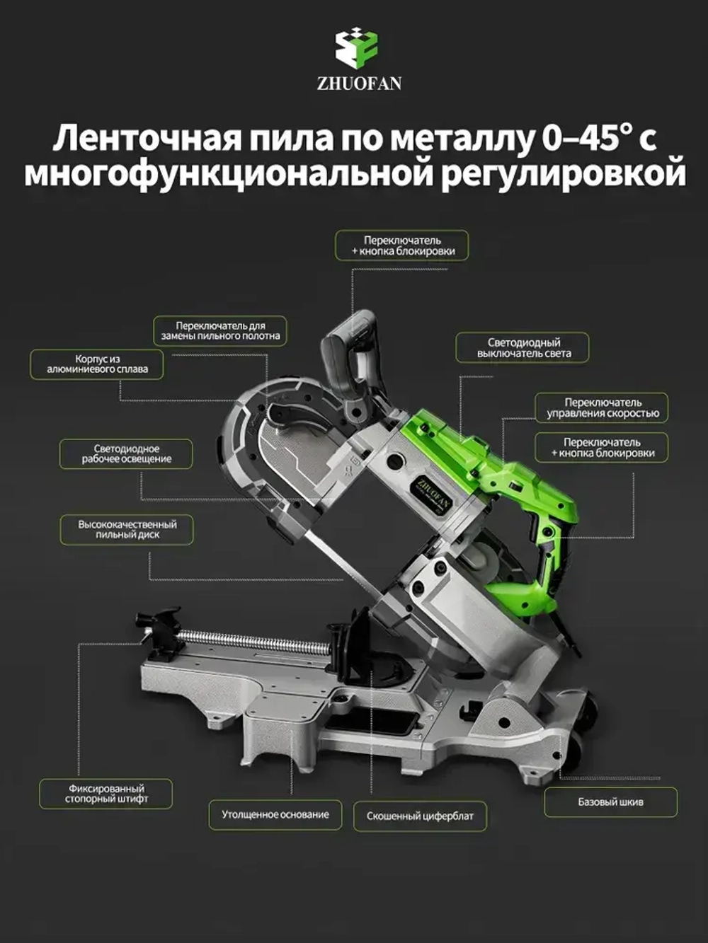 Станок для резки, автоматическая ленточнопильная пила, ZHUOFAN, удобная конструкция с двойным переключателем